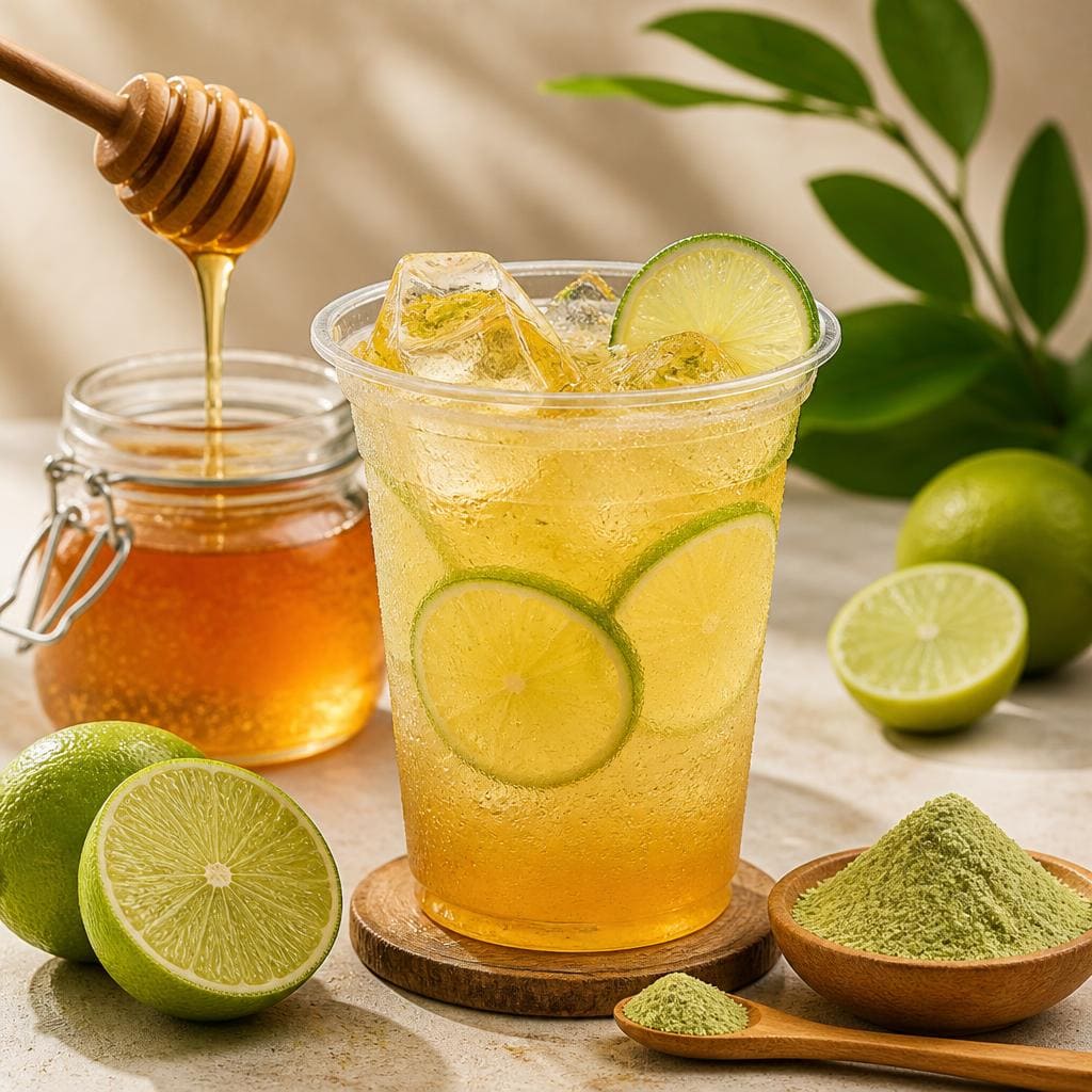 Hot Honey Lime Kopi Ruang Hati dengan jeruk nipis madu dan lime powder